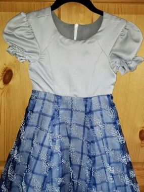 Hand Crafted Silver and Blue Girls Party Dress with Puff Sleeves